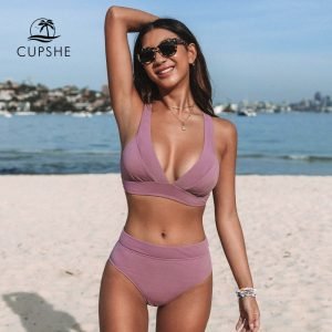 CUPSHE Tall Triangle High Waist Bikini Set Swimsuit For Women Solid Pink Sexy Two Pieces Beachwear latest Bathing Suit Swimwear