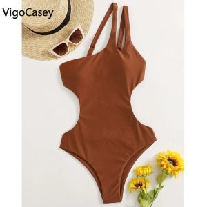 VigorCasey latest Solid One Shoulder Swimwear Women Sexy High Waist Hollow One Piece Swimsuit Monokini Backless Beach Bathing Suit